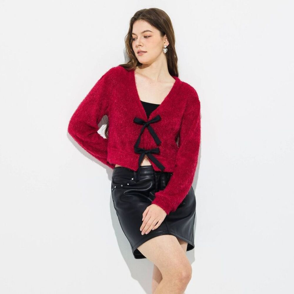 Women's V-Neck Bow Tie Cardigan Sweater - Wild Fable Red XS